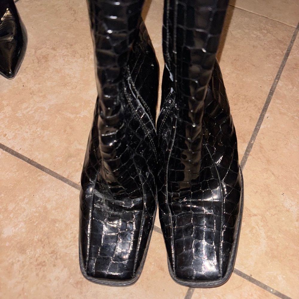 Topshop Glossy Black Croc-Pattern Boots